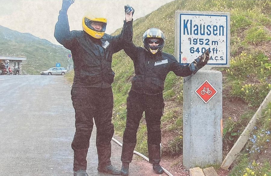 Ms. Gina Corsun (at right) with her husband, Mr. Ken Corsun, on their motorcycle tour of Europe.