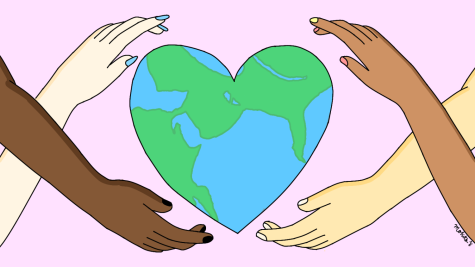 Love for all cultures signified by hands of different races around the Earth.