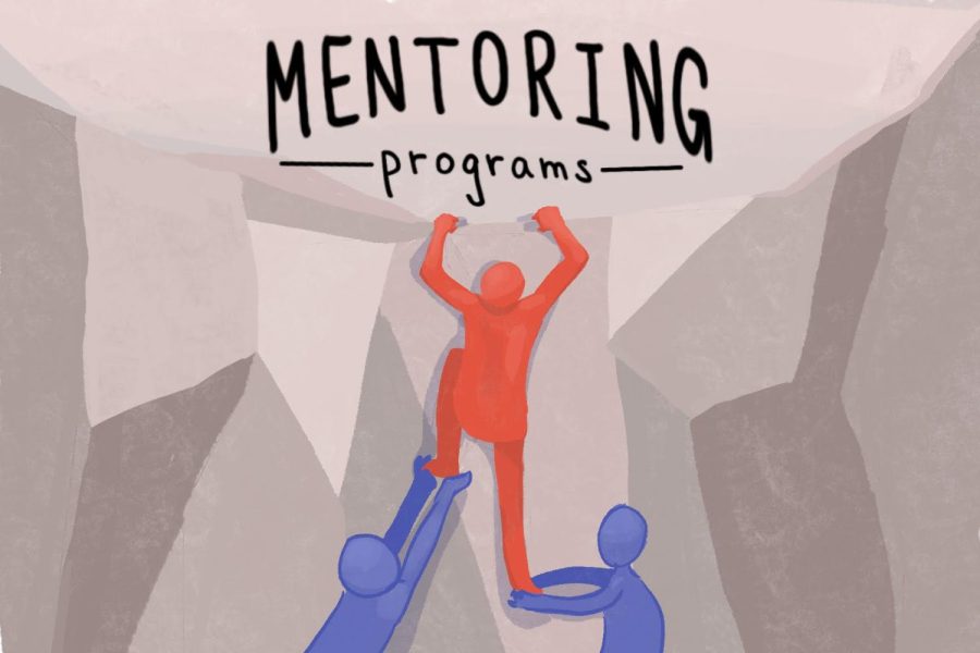 A person struggles to climb a cliff while two people support him, a metaphor for mentorship.