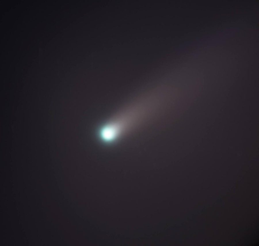 A photograph of Comet C/2020 F3 NEOWISE, a long-period comet that became visible from New Jersey in late 2020. Here, you can see a close-up of the nucleus and cometary coma