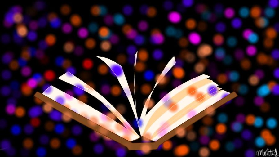 Open book with brown color and tan pages covered with various colored dots.