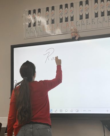 Mrs. Brittney Milicia used the whiteboard feature on the Newline Board to list what to play during class.