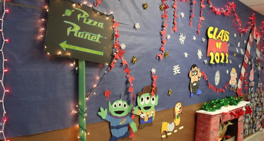 The Toy Story-themed hallway decorations, completed by the Class of 2023