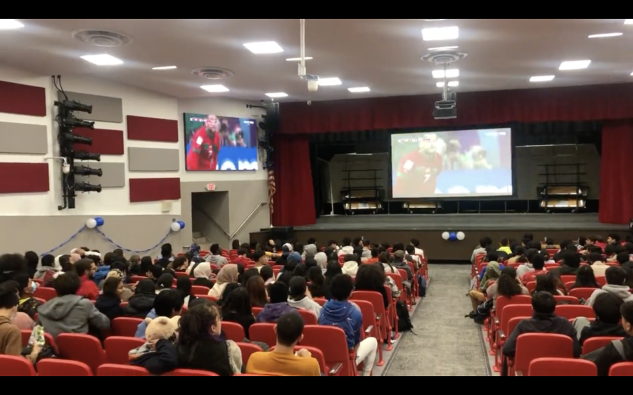Students watch the World Cup during a DECA event in this screen grab from a Twitter video.
