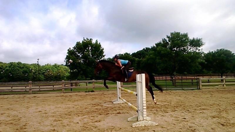 Ms. Stellakis riding her horse over a log fence