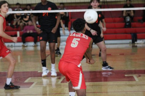 Ajit Sivakumar 25 (#5) received the volleyball at a home scrimmage against Linden on March 29, 2023.