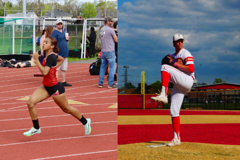 Jada Bonds 24 (left) competes in a relay race and Jaxon Appelman 24 (right) ready to pitch.