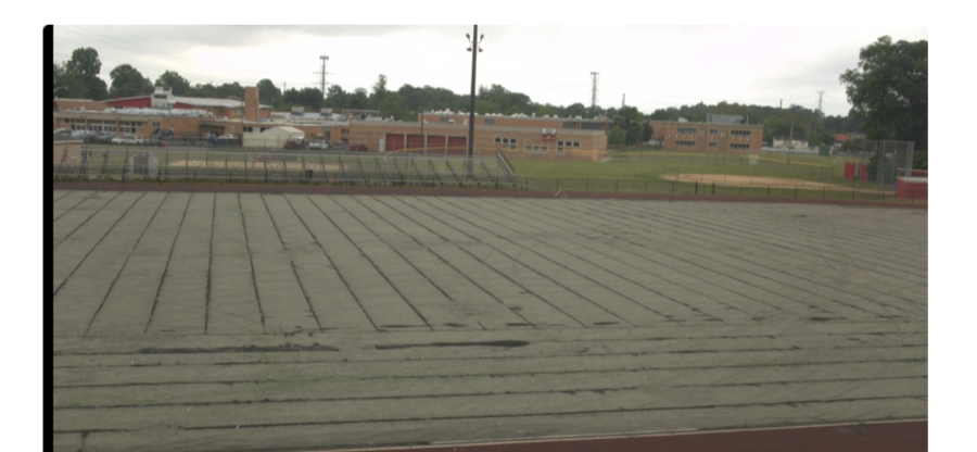 The athletic field at Drwal Stadium in the middle of turf refurbishment. The project is expected to be completed at the start of the new school year.
