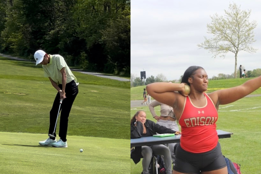 Ryan Lin 25 (left) putts to finish a hole and Elise Bullock 24 (right) preparing to throw the shotput.