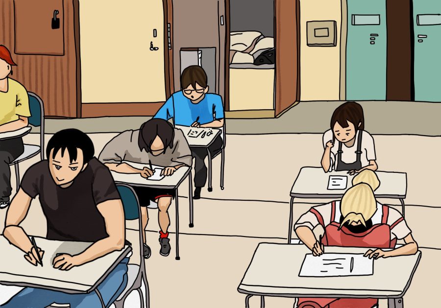 Students grudgingly take a standardized test in a classroom.