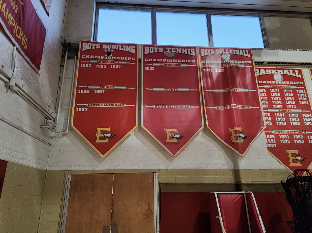 Banners for Boys Bowling, Boys Tennis, and Boys Volleyball.