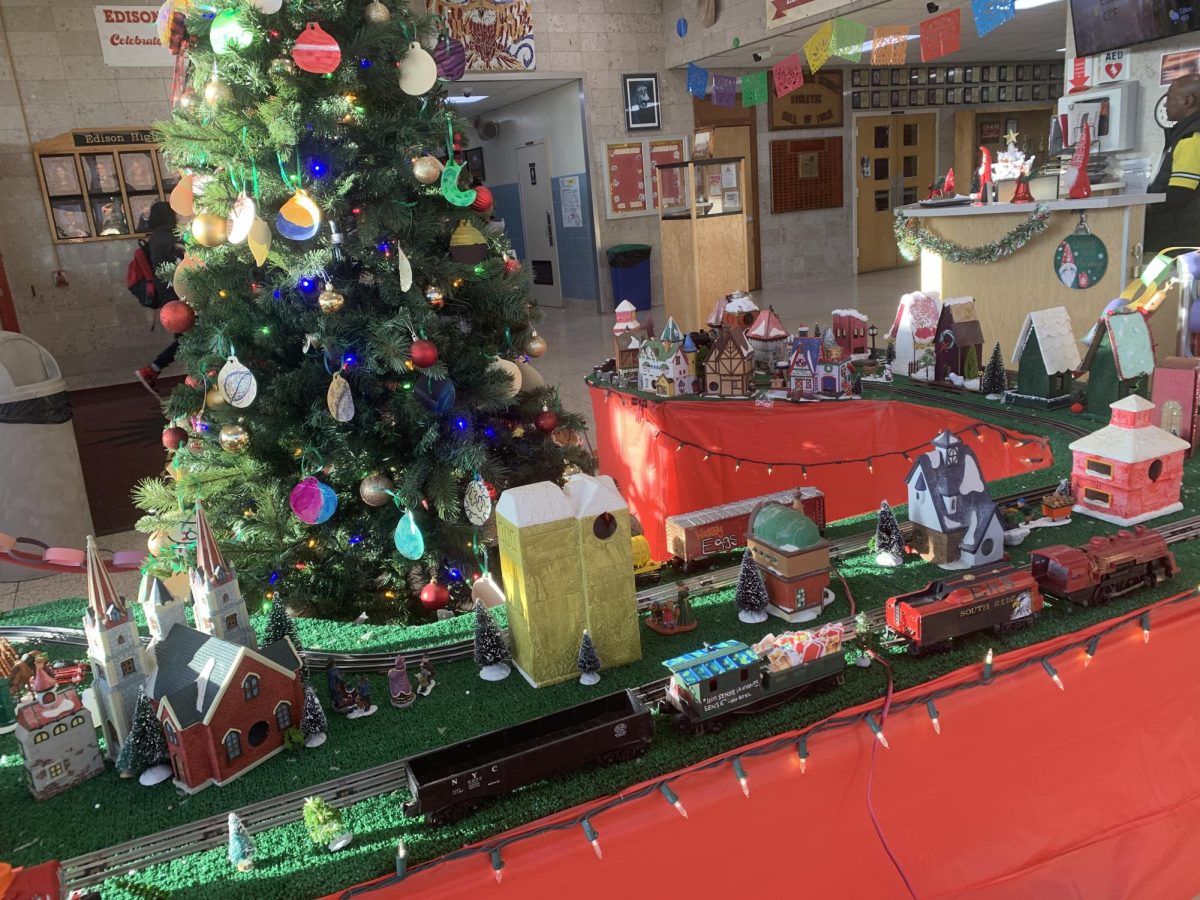 The EHS Main Lobby Holiday Train Display, a collaboration between students, staff, and administration. It has returned to the lobby for the first time since 2019.
