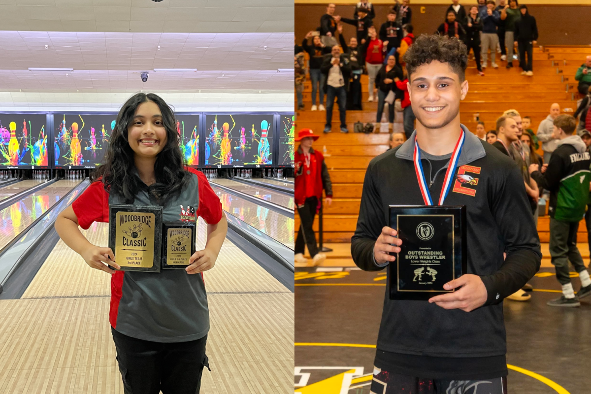 Pooja Katara 24 (left( standing with her awards from the GMC tournament and Fernando Avellan 26 (right) stands with his award of “Outstanding Wrestler of the Tournament.