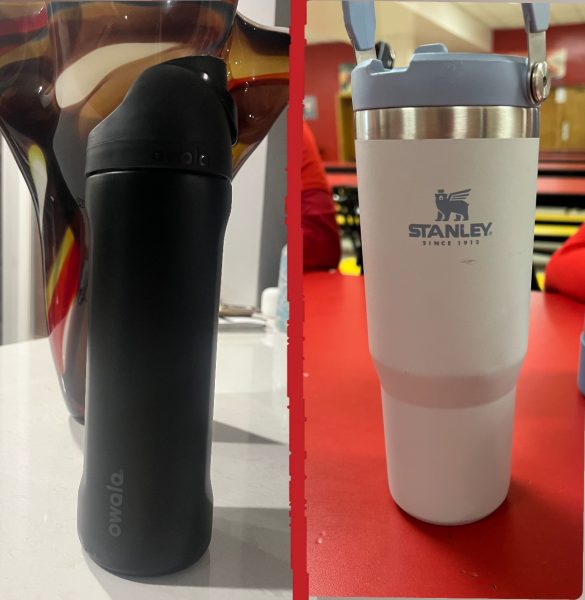 The classic battle between two widely recognized water bottles. The Stanley water bottle (at right) vs. the Owala water bottle.