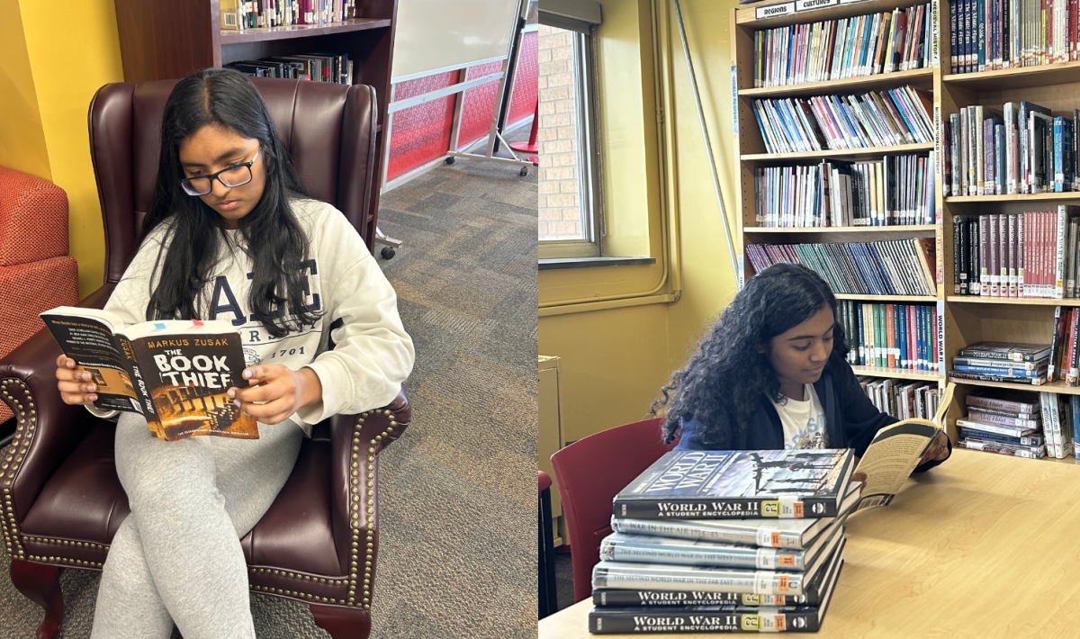 Rithika Gunasekaran 27 (left) reading The Book Thief, sympathizing with the horrors of the Holocaust and navigating through the perspective of death itself. Solai Ramasubramaniyam 27 (right) reads Night, by Elie Wiesel, in the Edison High School Media Center. She was greatly impacted by the heart-wrenching reality of the Holocaust and emphasizes the importance of its recognition.