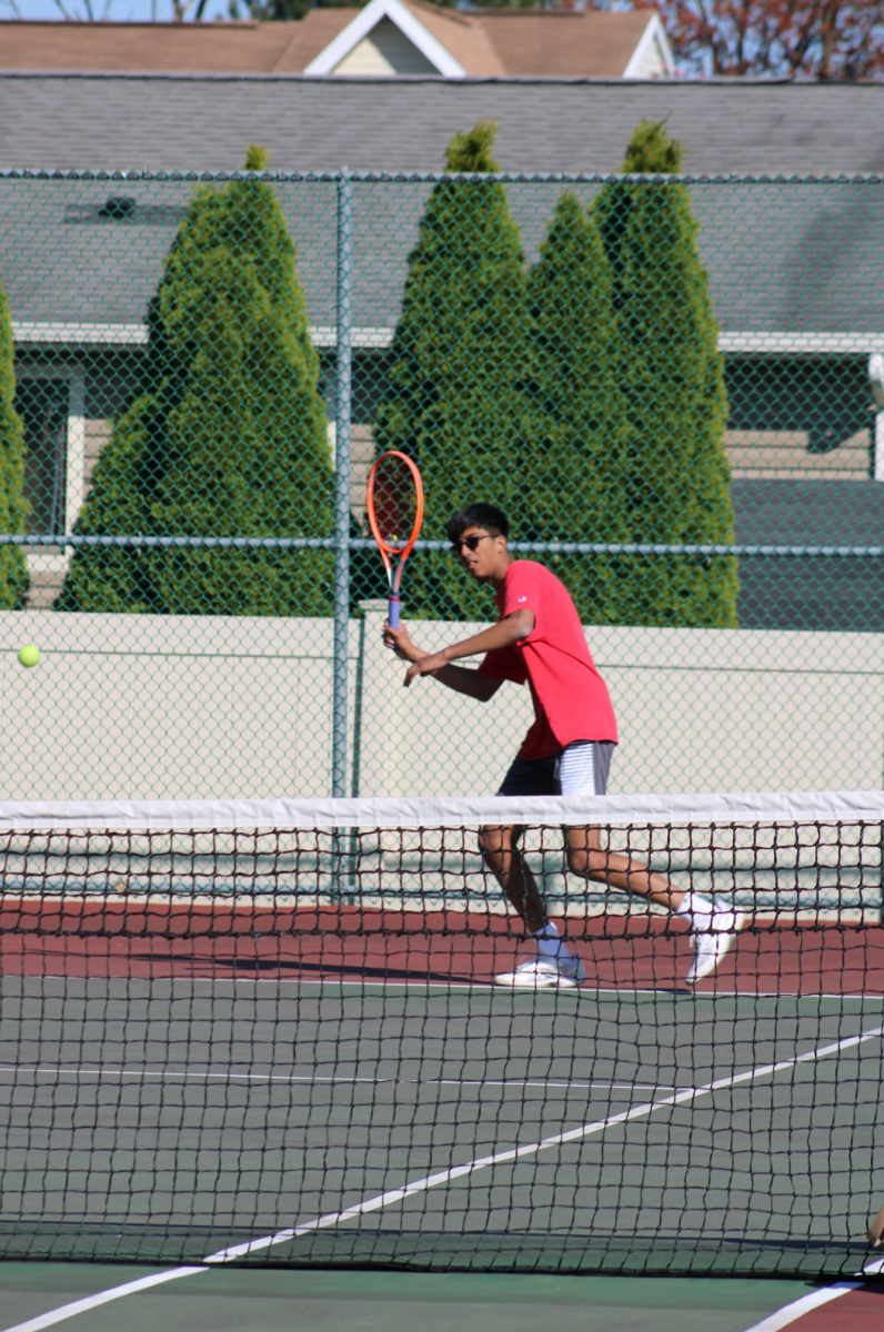 Sarvesh Premkumar 25 gets in his stance to hit the ball back to Highland Parks Ethan Chen 25 in the first singles. Premkumar emerged victorious, defeating Chen in two sets reading scores of 6-0 and 6-4.