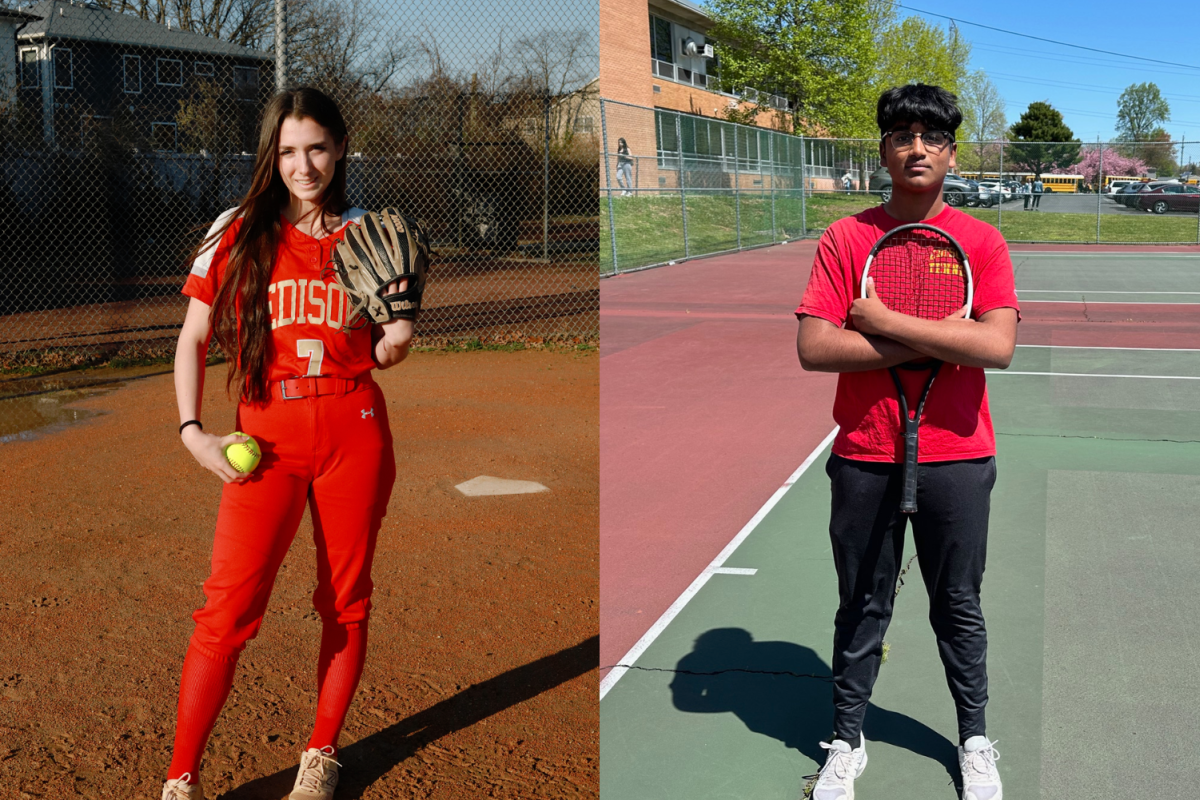 Ava Austin 24 (left) posing on the softball field at Edison High. So far this season, Austin has a .559 average, nineteen hits, and has pitched 45 strikeouts. Chetan Kallam 26 (right) posing on the Edison High tennis courts. He poses with his racket that has brought his team several wins so far this season.