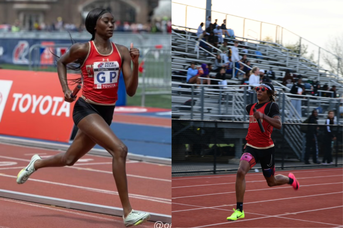 Noreen Amponsah ‘24 (left) representing Edison High at the Penn Relays as she runs her part of the relay. Tori’ahn Rattray ‘24 (right) running his part of the relay at the Greater Middlesex Conference meet.