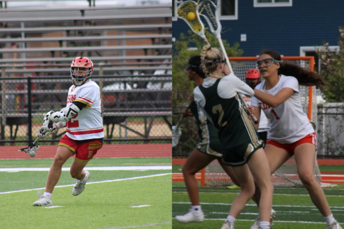 Colin Pridady 25 (left) running with the ball as he looks for an open teammate. Jocelyn Gross 24 (right) in a faceoff as she attempts to retrieve the ball from the opposing team.