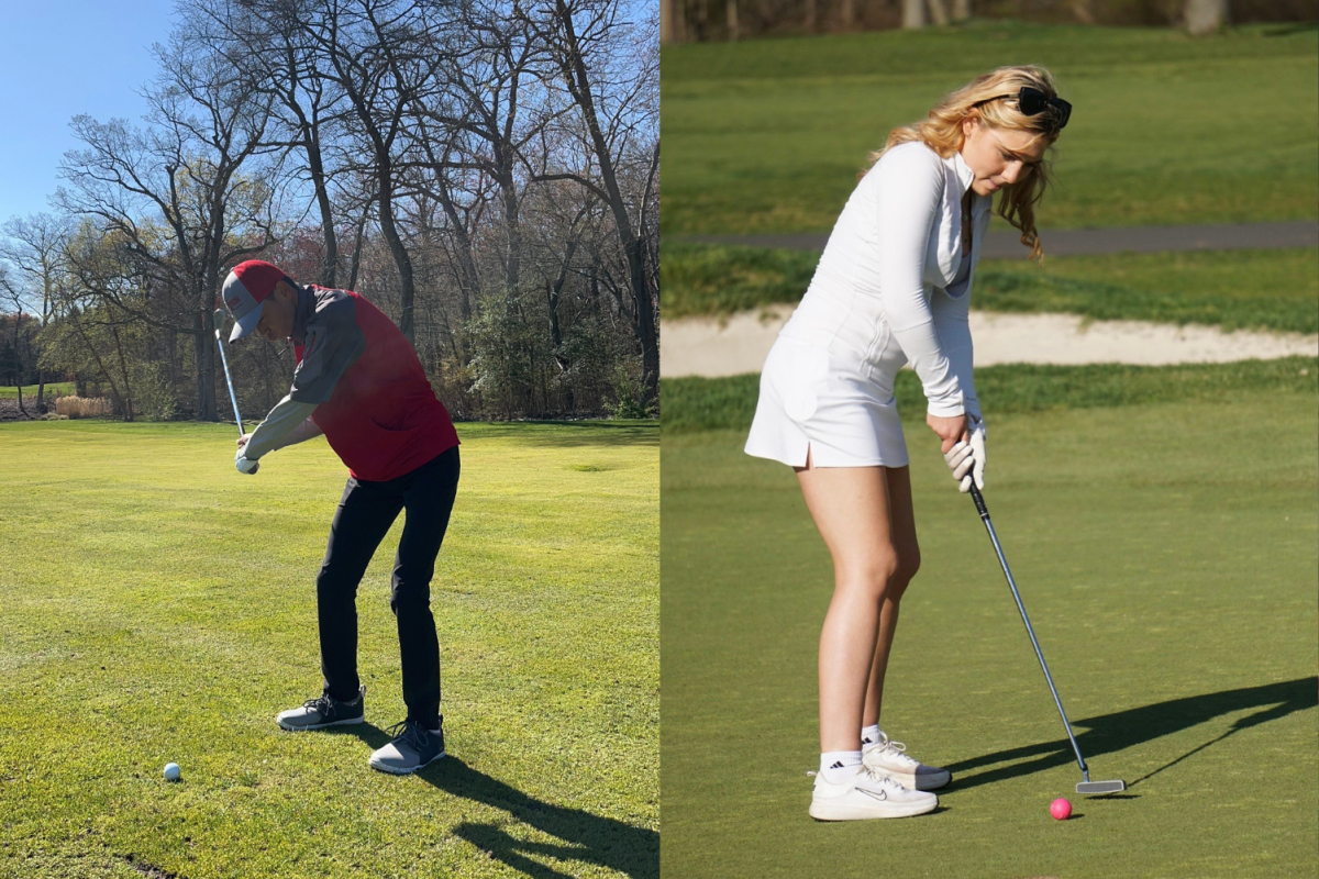 Ryan Lin 25 (left) preparing his swing before he makes his shot. Madison Zaccarro 24 (right) putts to finish a hole during her game.