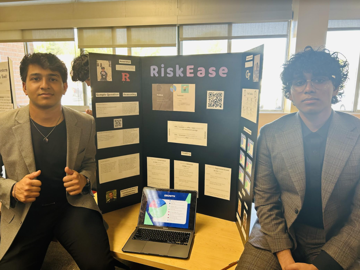 Roneel Shah 24 and Madhav Mandala 24 present their capstone project, Risk Ease, intended to assist investors in the stock market through a questionnaire. 