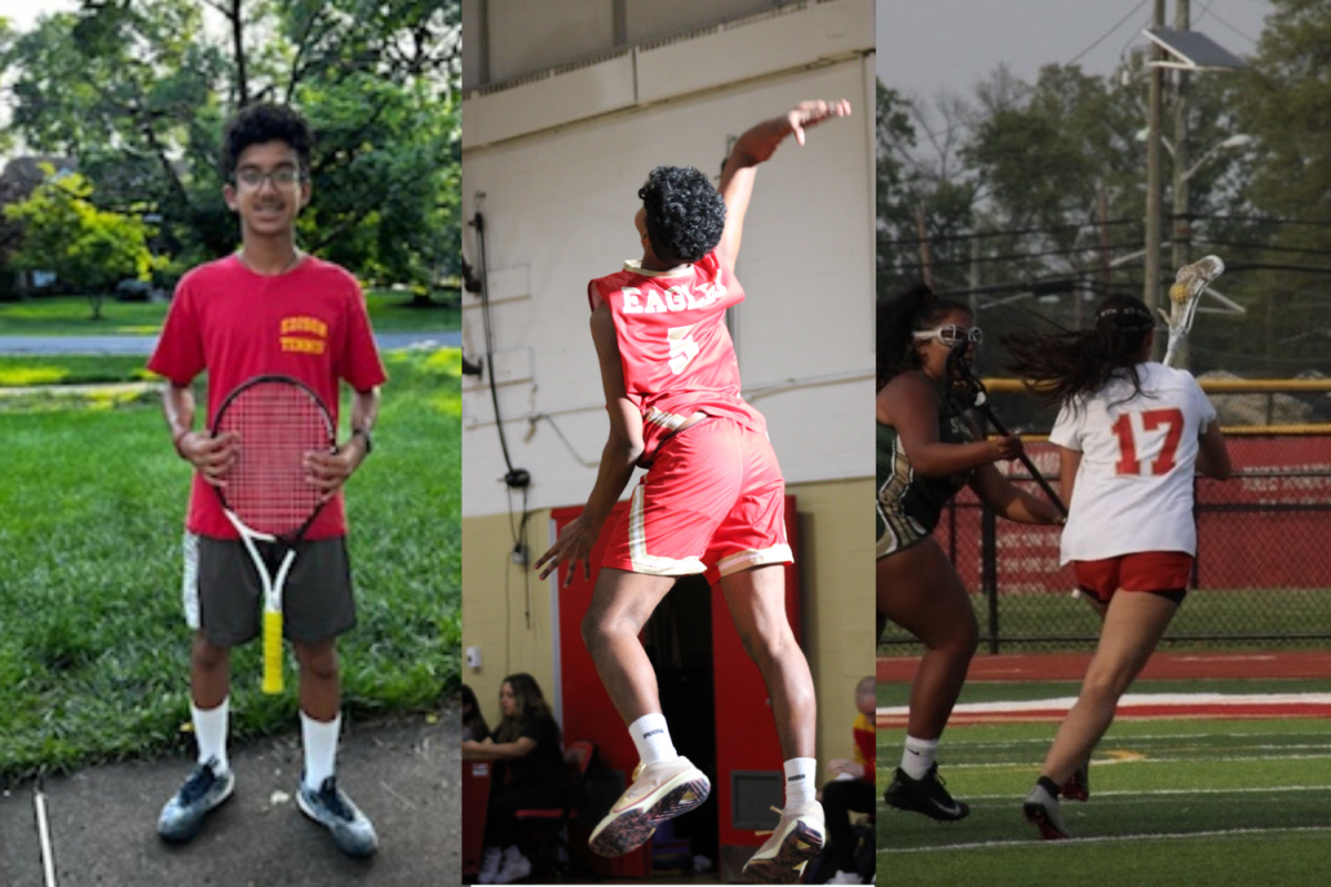Pranav Srinivasan 27 (left) poses with his tennis racket after another winning match. Ajit Sivakumar 25 (middle) performs a jump serve to start the set strong. Layla Robinson 24 (right) runs with the ball as she passes by the opposing players, hoping to score a goal.