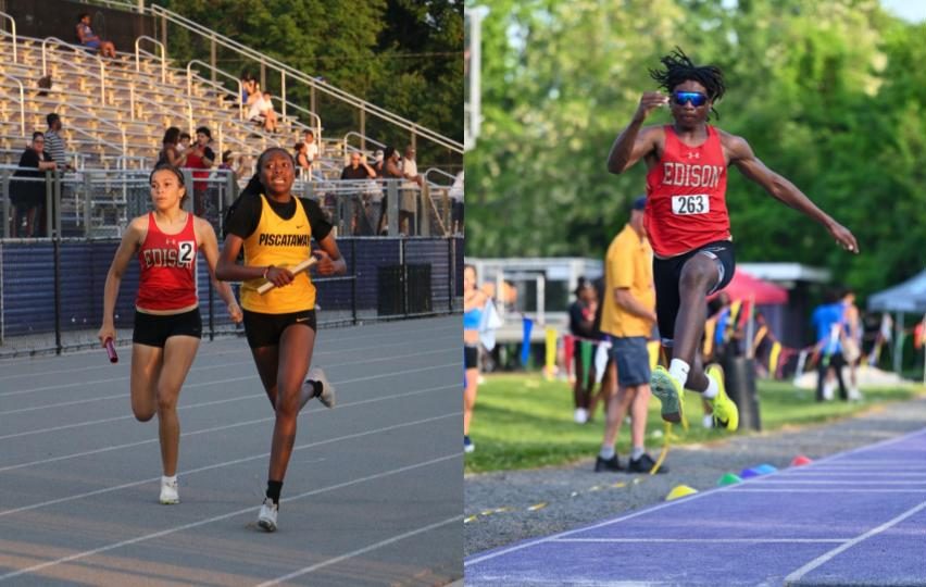 Hailey Dawson ‘24 (left) runs her relay and fights to pass a student representing the Piscataway track and field team. Remy Bethea 24 (right) leaps as he participates in the triple jump.