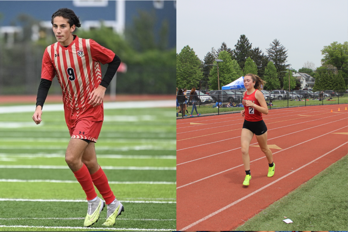 Emmanuel Kostis '26 (left) prepares to score a goal against the opposing team, bringing his team closer to a win. Rylee McEvoy '25 (right) works to reach a new personal best as she loops the track.