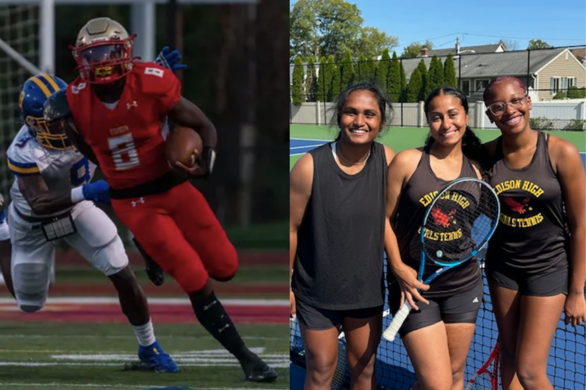 Nyekir Eato ‘25 (left) rushes with the football in hand, his opponent just behind him. (From left to right) Athletes of the Week Nandini Chandra ‘26, Khaliyah Revan ‘25, and Lojein Elgebrawi ‘25 pose after celebrating breaking their team's losing streak against the Hawks.