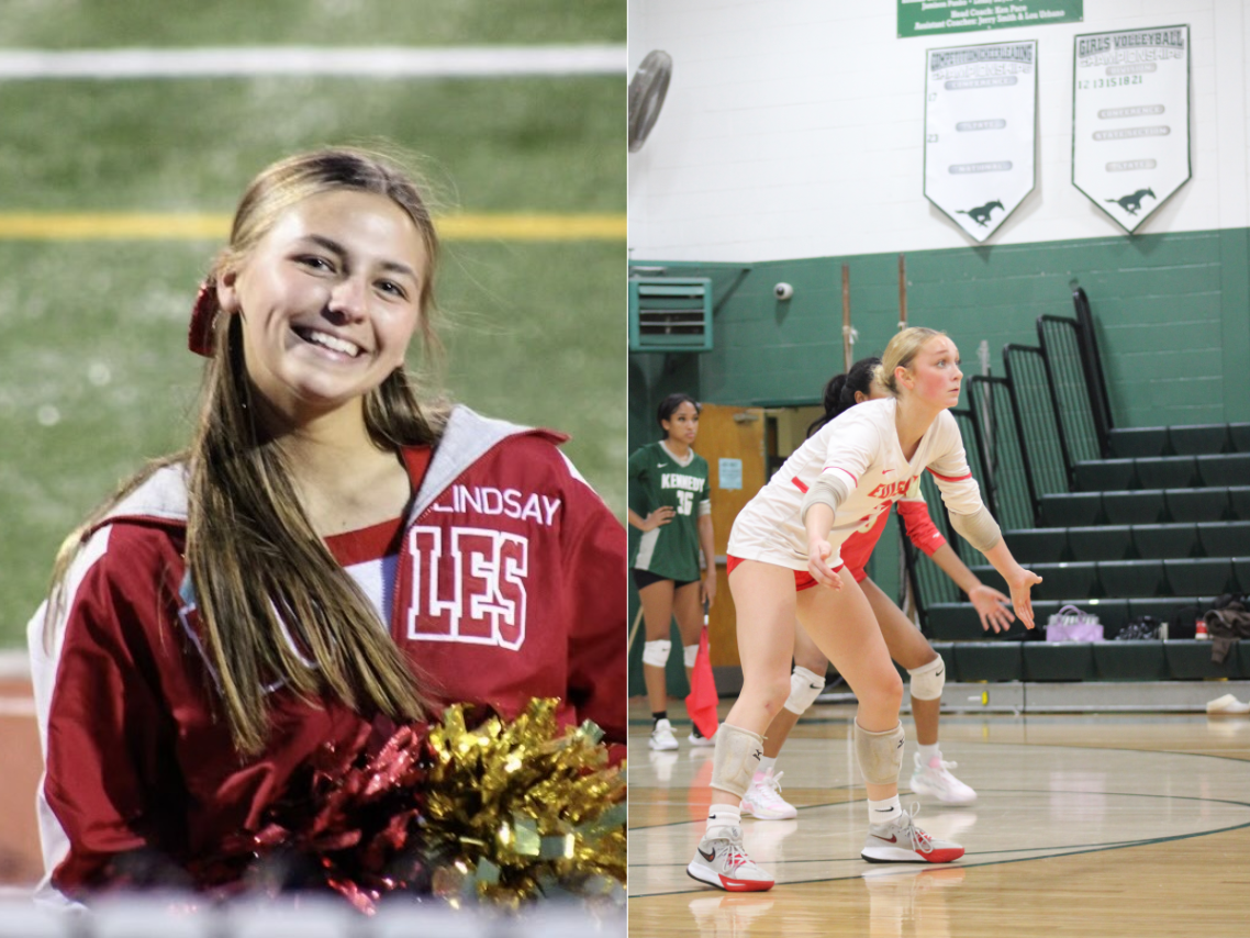 Lindsay Yascko '25 (left) smiles on the track as she cheers with her team for another Friday football night. Cheyenne Singer '25 (right) ready to receive the ball and set up to score another point.