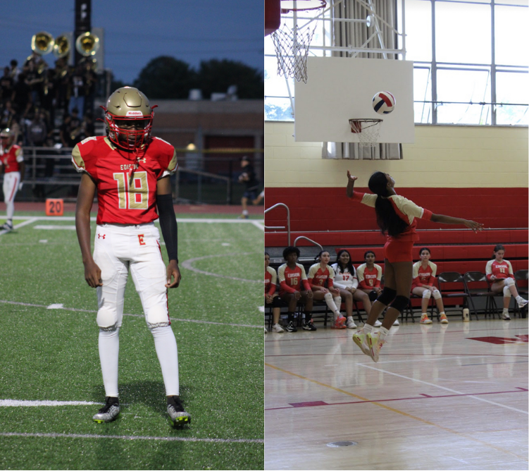 Lenier Whetstone '26 (left) on the field during the Edison High Homecoming game as he looks at surrounding players. Sachita Balamurugan '25 (right) tosses the ball for a jump-serve, the start of a rally between the teams. 