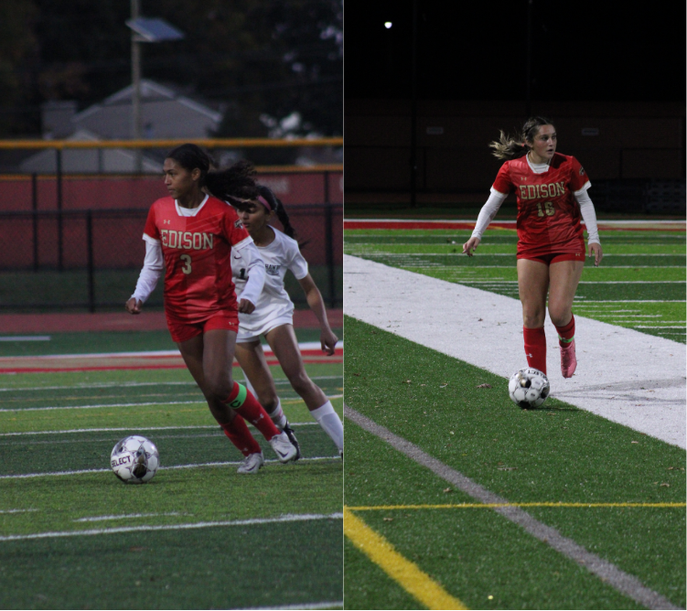 Isabella Charles (left) '25 moves the ball as she searches for an open teammate. Kayden Aravena '25 (right) keeps the ball in while she searches for an open teammate.