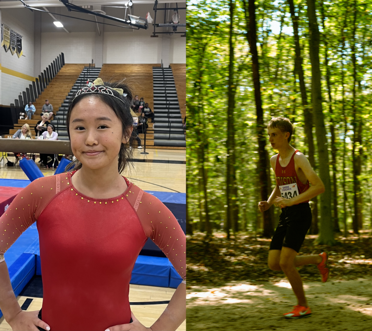 Emili Horike '25 (left) poses with a tiara on her head, signifying her wins at the GMC conference. Mark Palladino '25 (right) focuses on the path as he runs at the GMC tournament. 