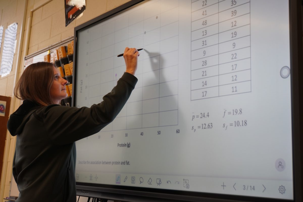 Teacher of the Year Ms. Katie Makovec graphs an example problem on the board for her class.