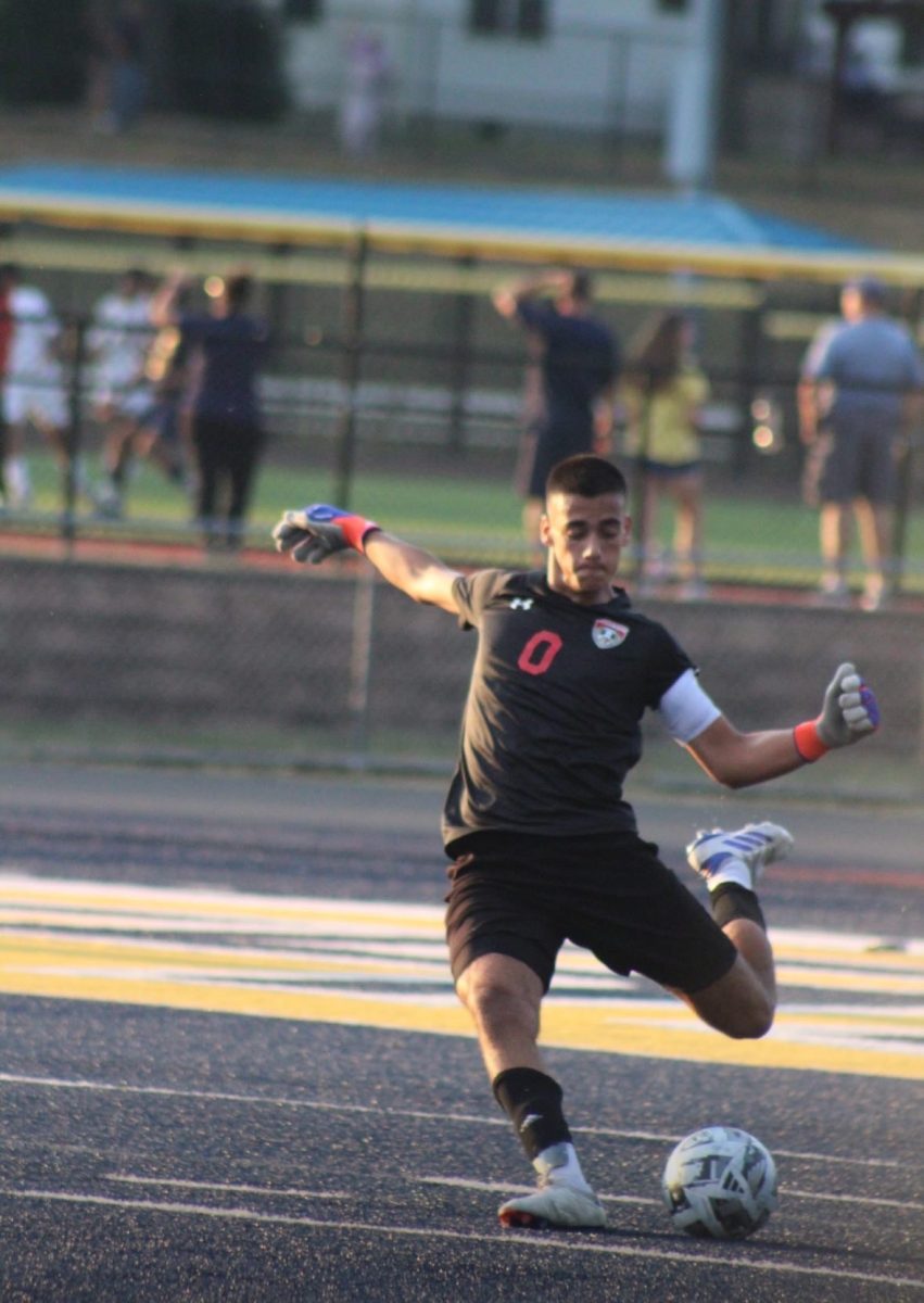 Varsity goalkeeper George Kostis '26 ready to take a free kick during an away game at Sayreville.