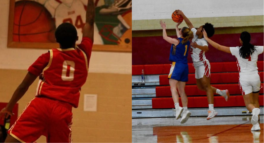 Dedrick Harvey '25 (left) jumps to catch the ball as his teammate looks for a pass. Olivia Smart '25 (right) jumps to block the opposing team as the player goes for a layup. 