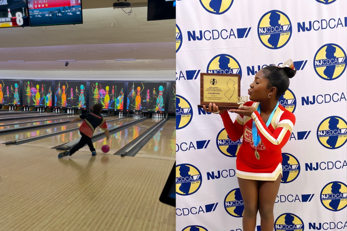 James Stavenick '25 (left) sends a ball down the lane. Melody Louis '26 (right) stands with her championship plaque and medal.