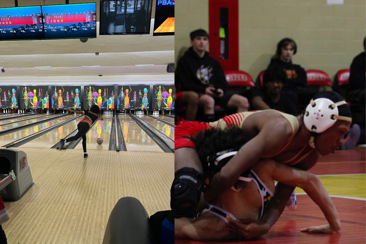 Sara Nasrullah '25 (left) bowls a ball as she aims for a strike. Candi Northern '26 (right) pins his opponent to the ground.