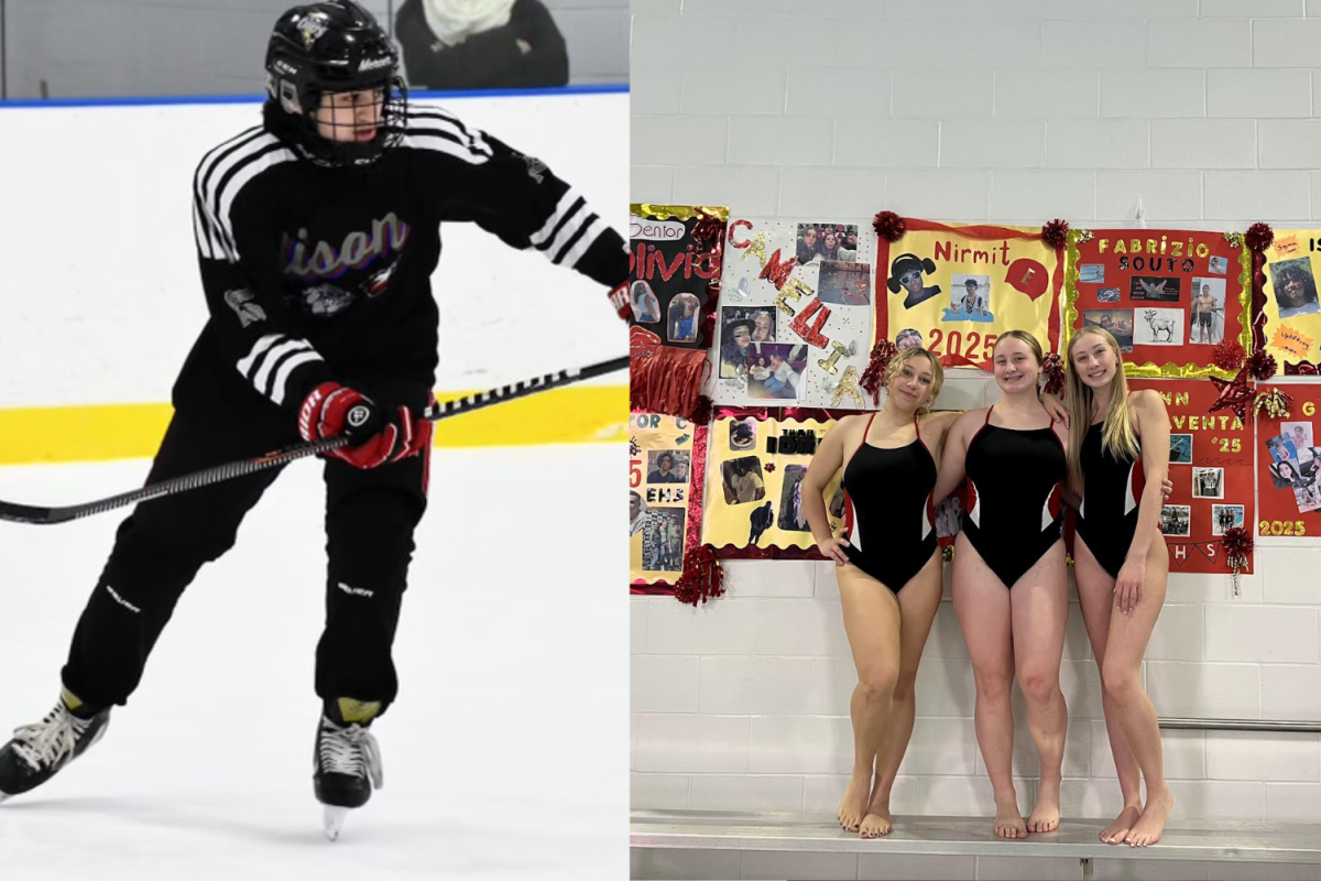 Chris Fiouris '27 (left) glides on the ice as he focuses on the puck. Ryann Spaventa '25 (right) stands with two teammates during their Senior Night for the swim team.