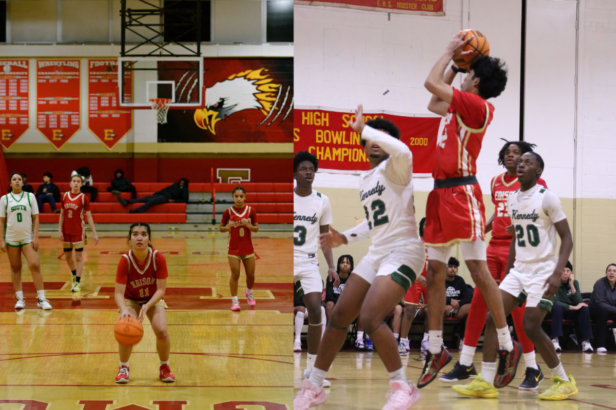 Carmela Arana '28 (left) gets ready to shoot a free throw. Dheeraj Samaparaboyina '26 (right) jumps to make a basket as defense closes in.