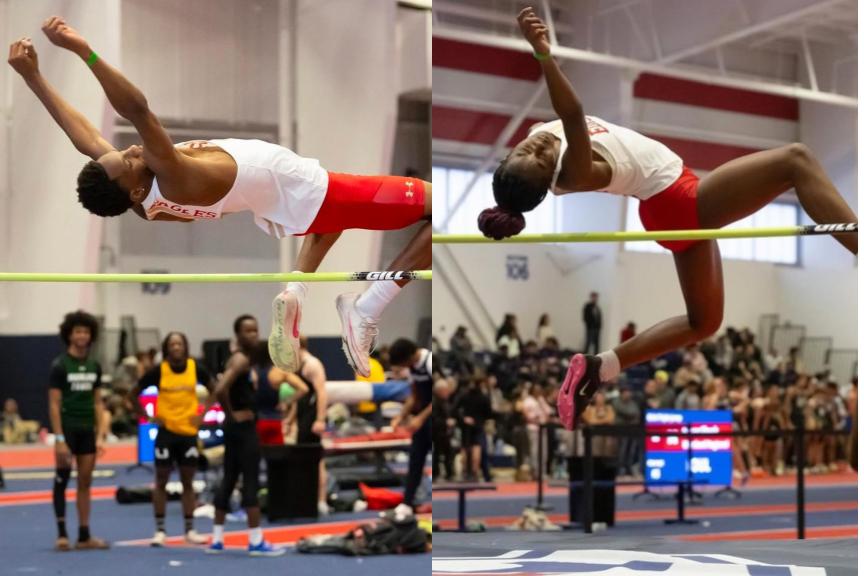 David Brown '25 (Left) and Ama Boateng '25 (Right) perform their high jumps.