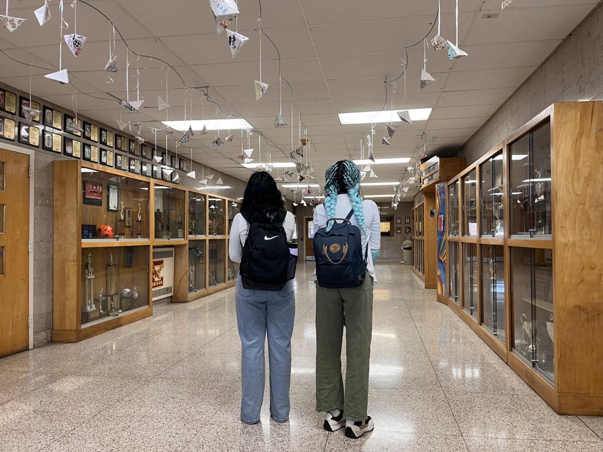 Araniee Sothilingam '25 and Suzette Stephen '26 admire the Zentangle-Pixel artwork in the hallways.