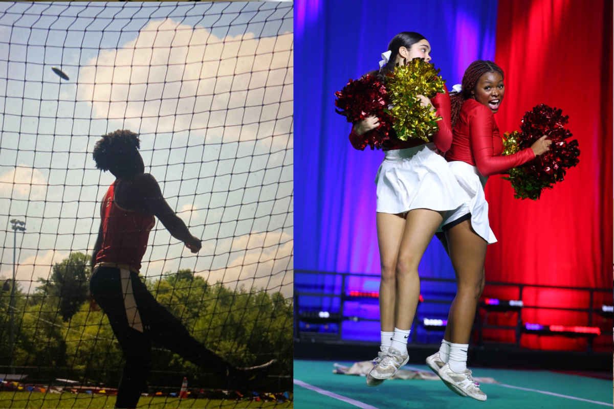 Aylah Bristow-Cabrera ‘26 throws her discus into the sky. Leyla Dixon ‘27 (left) dances with her teammate during a competition.