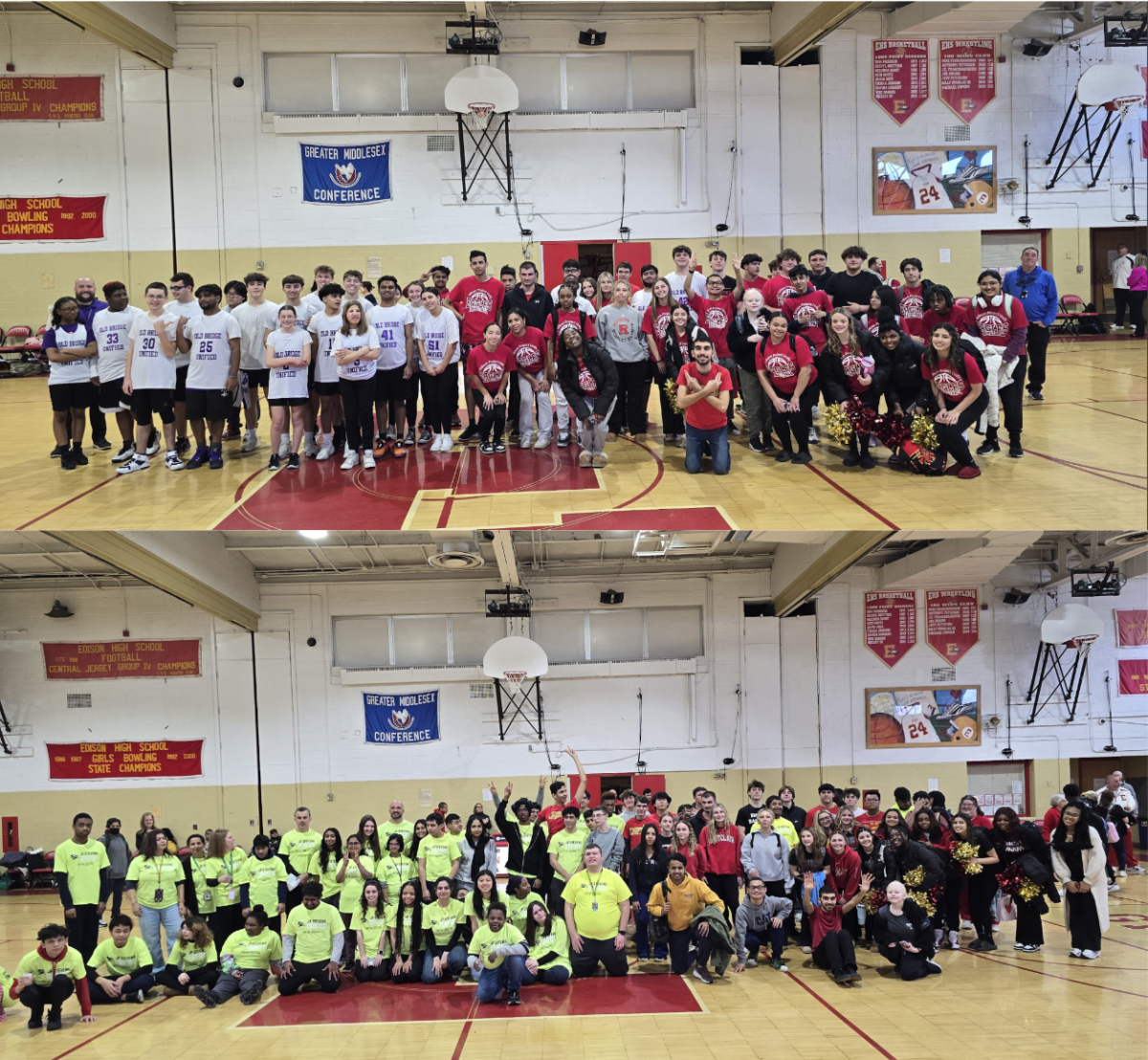 The EHS's Project Unified team stands with their competitors, Old Bridge High School and JP Stevens High School, after their basketball games on February 18th and February 20th, respectively.