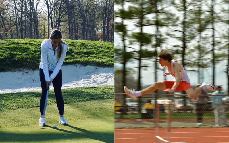 Putting the golf ball on the green, Katie Hahn '26 aims to get under par (left). Joseph Pinheiro '25 skillfully jumps over another hurdle, continuing to dominate the race (right).