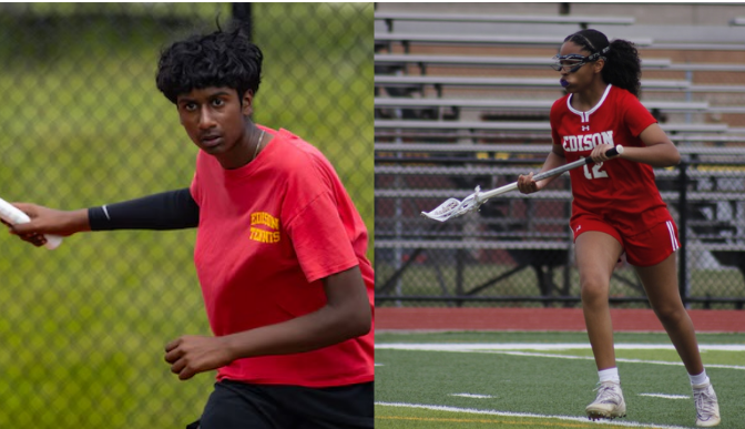 During a rally, Vinieth Elango '27 prepares to receive the ball from his opponent (left). With her lacrosse stick in hand, Ashley Smith '25 aims to score another goal for Edison High (right).