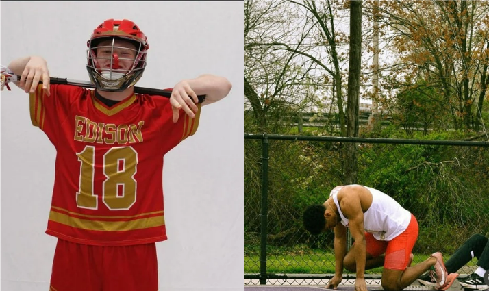 Arms wrapped around his lacrosse stick, Logan Ulozas '28 poses for the camera (left). Patiently waiting for the firing of the starting pistol, Landen Cruz '26 positions to align with his starting blocks before accelerating to success for Edison High (right).