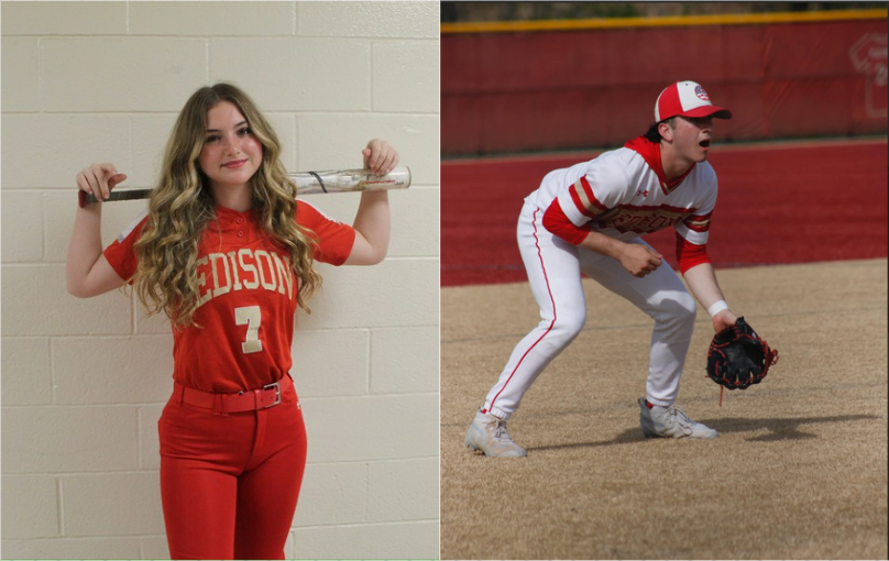Decked out in Edison High gear, Callie DiBisceglie '28 poses with her softball bat (left). Eyeing the baseball during the game, Dom Innocenti '26 plans to help Edison High gain another victory (right).