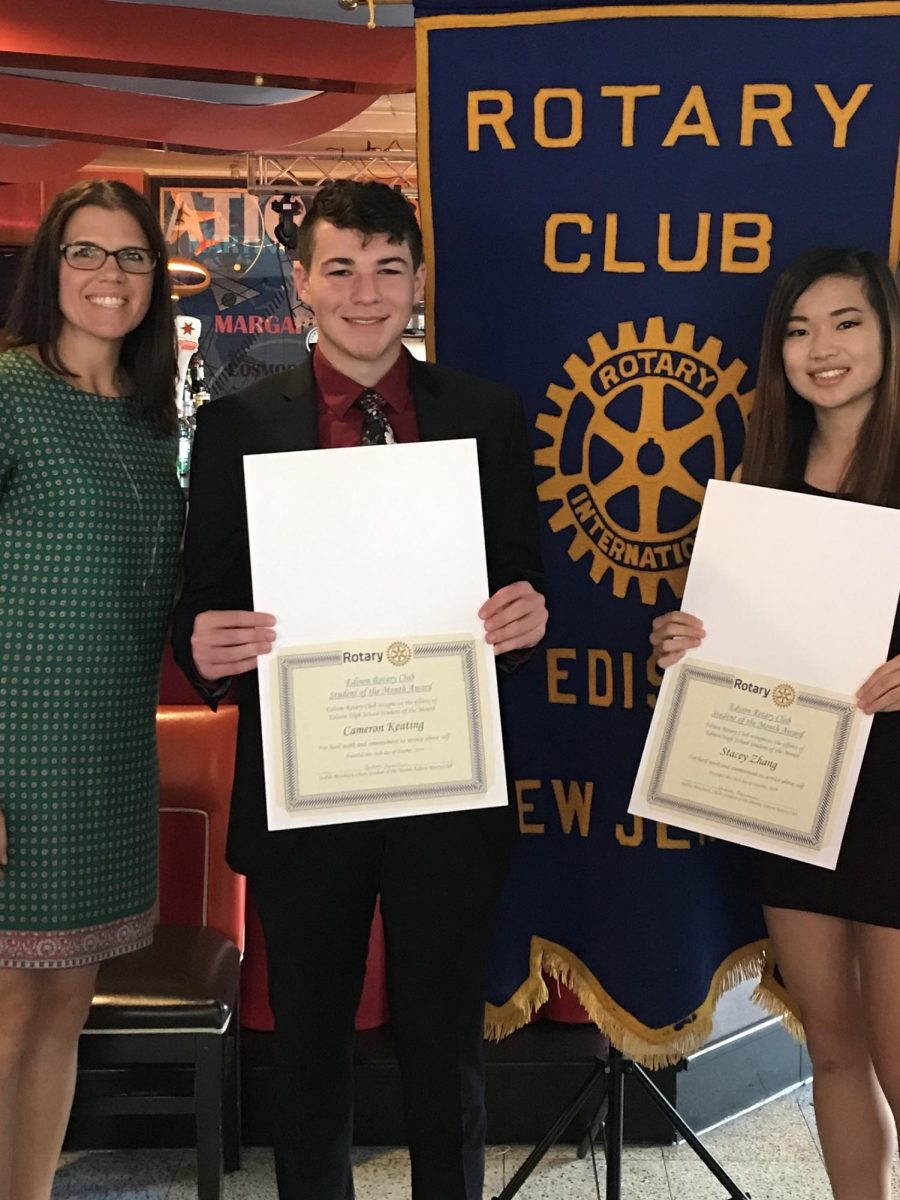 Stacey Zheng '20 stands with English teacher Mrs. Diane Frey and fellow recipient Cameron Keating '20 at the Rotary Club breakfast.  Before her experiences at Rutgers Pharmacy, Stacey was awarded Senior of the Month for her accomplishments.
