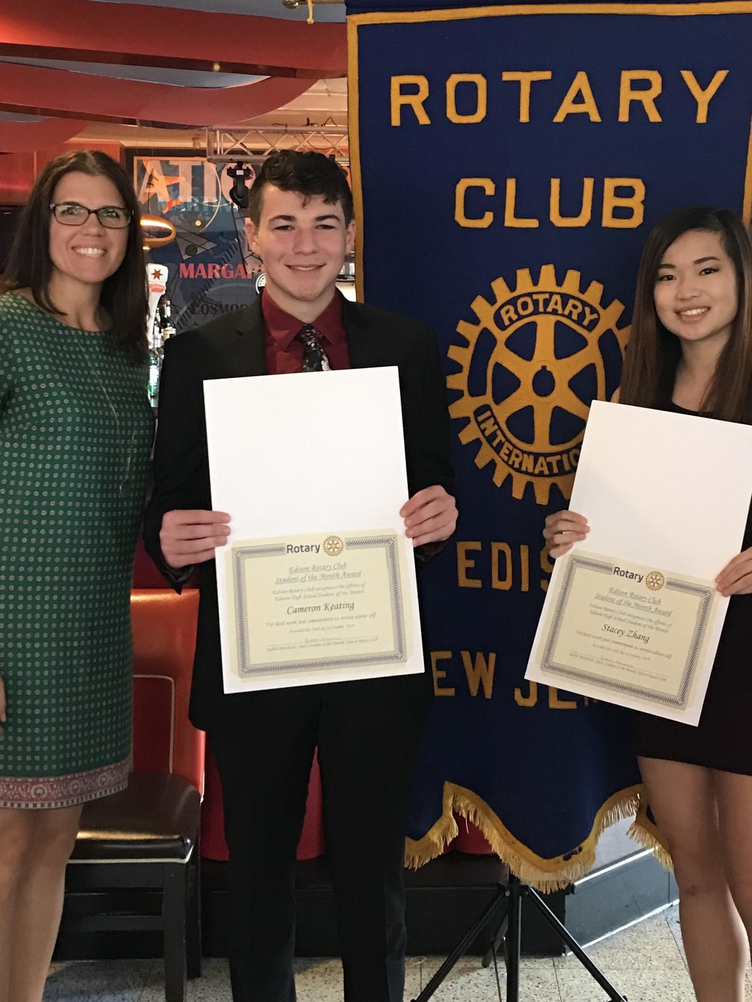 Stacey Zheng '20 stands with English teacher Mrs. Diane Frey and fellow recipient Cameron Keating '20 at the Rotary Club breakfast.  Before her experiences at Rutgers Pharmacy, Stacey was awarded Senior of the Month for her accomplishments.